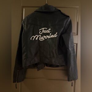 Black 'Just Married' Embroidered Leather Jacket NEW